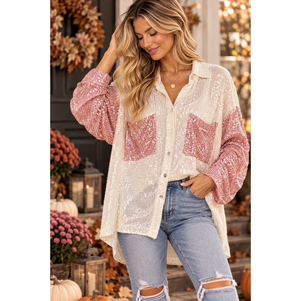 POL Sequin Button Down Shirt S White Pink Oversized Sparkle Party Shacket